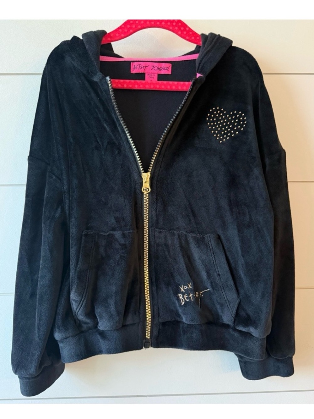 Betsey Johnson Girls Black Velour Rhinestone Heart Hoodie Kids Size 5 - Picture 2 of 7